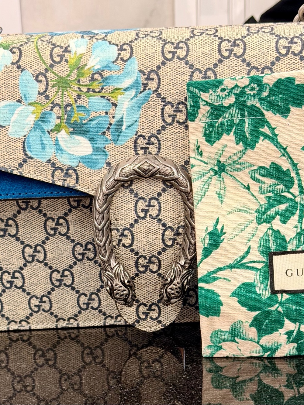 Gucci Beige GG Supreme Canvas Shoulder Bag with Blue Floral and Blue Suede Trim